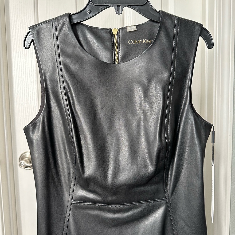 NWT Calvin Klein Faux Leather Sheath Dress - Black with Gold Zipper